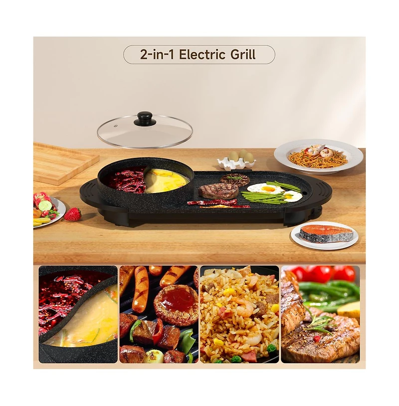 Artudatech Portable 2-in-1 Electric Hot Pot and Bbq Grill - Non-Stick Teppanyaki Pan