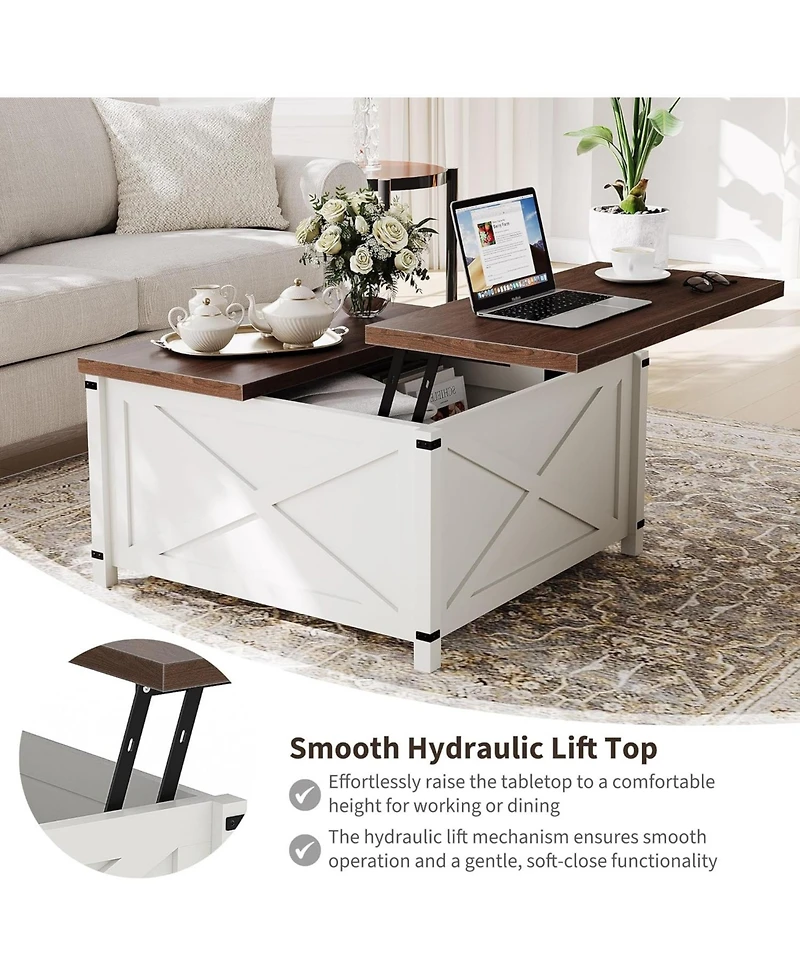 gaomon Farmhouse Coffee Table with Lift Top, 31.5 Inch Square Rustic Cocktail Table with Storage, x-Shaped Design and Industrial Metal Accents