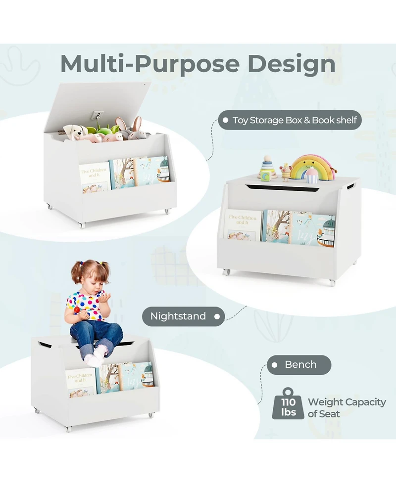 Sugift Wooden Mobile Toy Storage Organizer with Bookshelf and Lockable Wheels