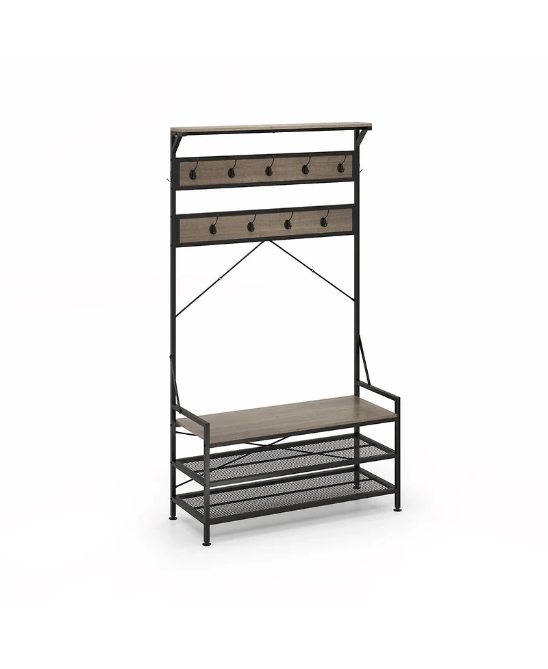 Sugift Coat Rack 4-In-1 Hall Tree with 11 Hanging Hooks Shoe Bench