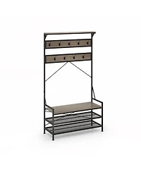 Sugift Coat Rack 4-In-1 Hall Tree with 11 Hanging Hooks Shoe Bench