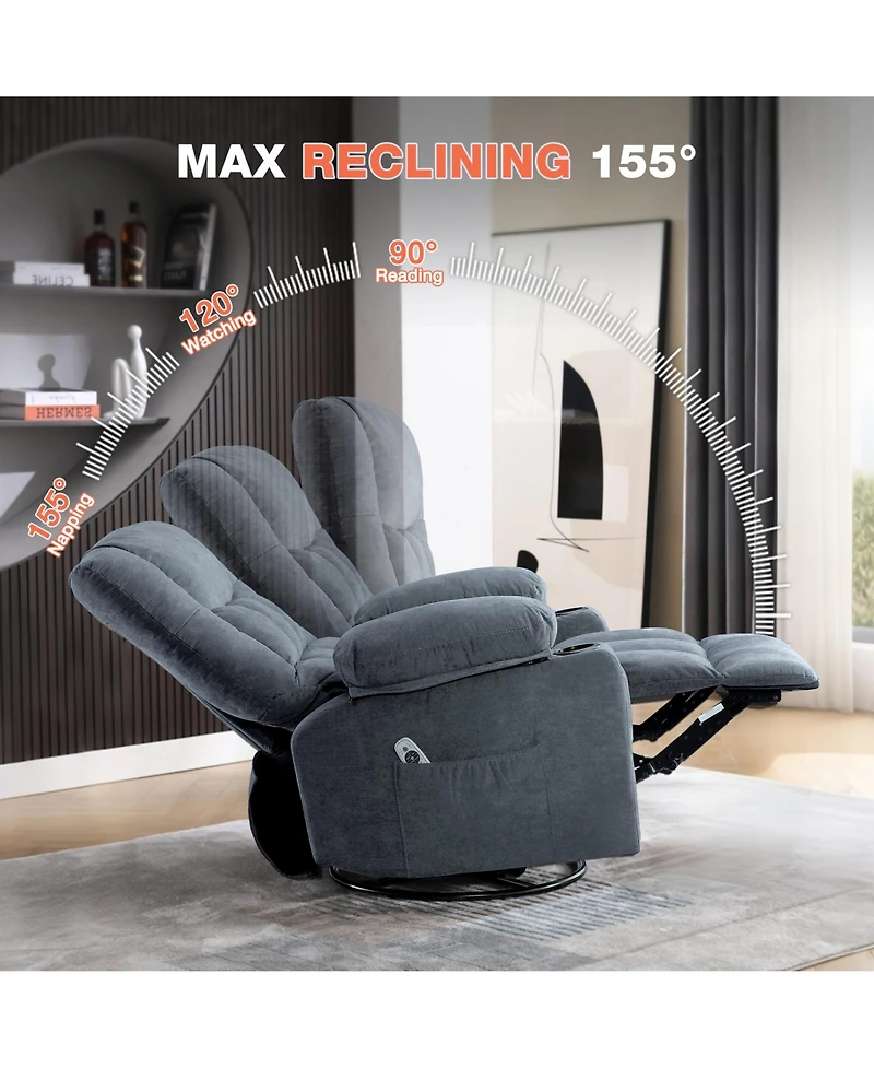 Rainsken Oversized Swivel Rocking Recliner Chair with Massage, Heating, Usb Port and Dual Cup Holders, Comfortable Single Sofa for Living Room