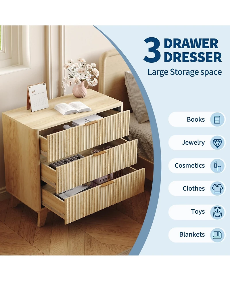 gaomon Bedroom 3-Drawer Nightstand, 31.5 inch Wood Bedside Table with Fluted Front.