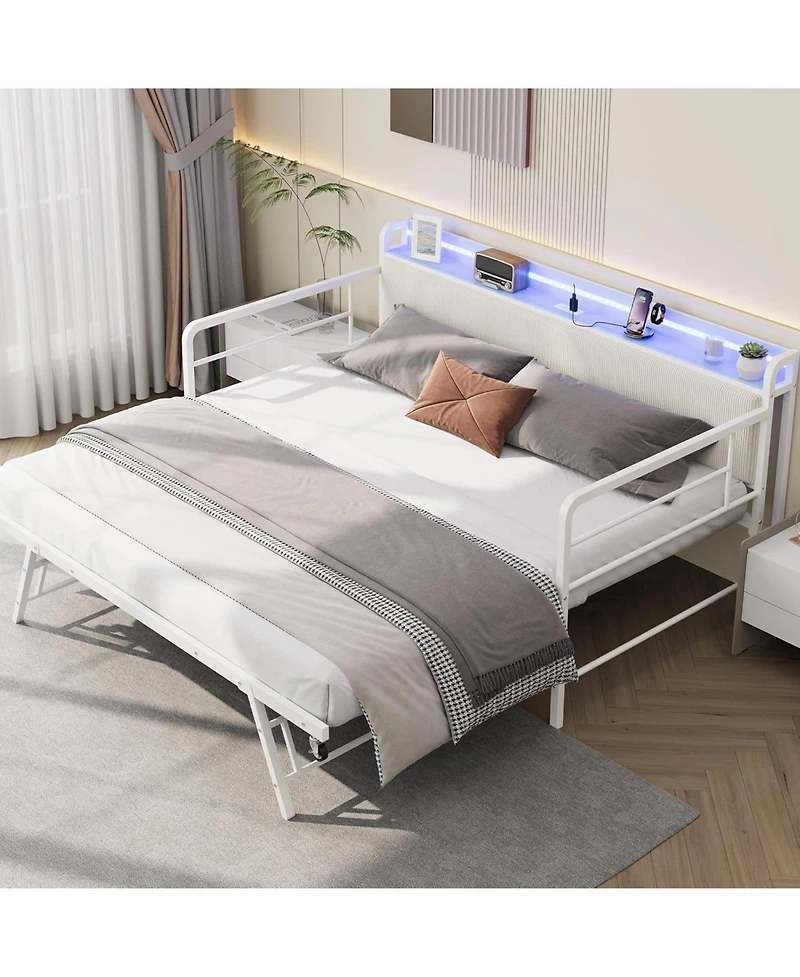 gaomon Daybed with Trundle Bed, Twin Bed Frame with Corduroy Upholstered Storage Headboard & Charging Station and Led Light, Heavy Duty Metal Day Bed