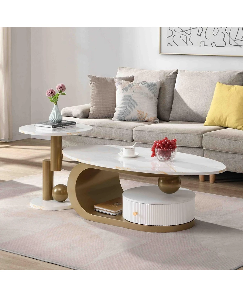 Rainsken Modern Nesting Coffee Table Set of 2, Oval and Round Table Set with Faux Marble Texture Surface and Storage Drawer for Living Room