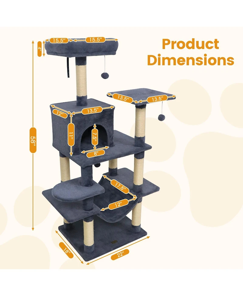 Cozito Cat Tree 58 in Multi-Level Soft Plush with Padded Perch
