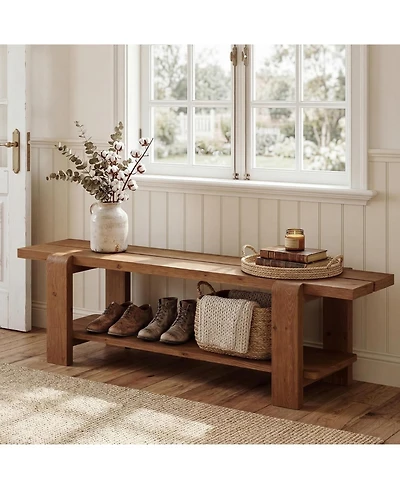 Tribesigns Solid Wood Entryway Bench with Shoe Storage Shelf, 63-Inch Long Farmhouse Entry Shoe Bench, End of Bed Bench