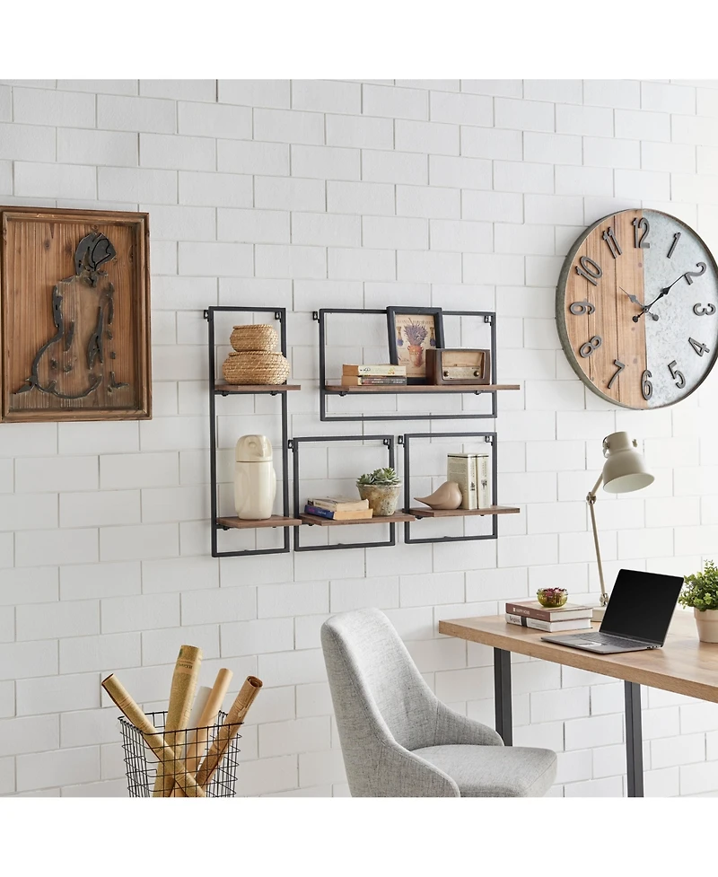 Danya B Framed Wall Art 4-Piece Modern Shelf Set, Black Metal Frame and Rustic Distressed Mdf Shelves