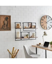 Danya B Framed Wall Art 4-Piece Modern Shelf Set, Black Metal Frame and Rustic Distressed Mdf Shelves