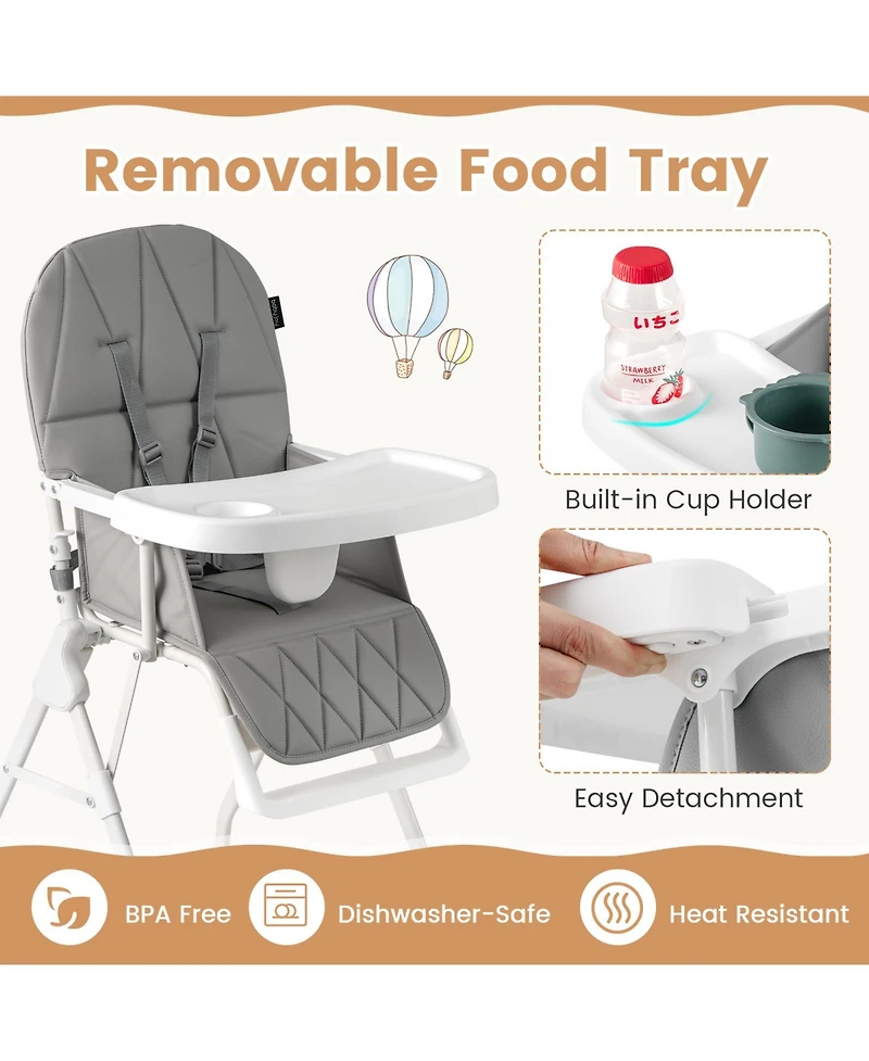 Sugift Easy Clean Compact Highchair with Removable Adjustable Tray and Pu Seat Cushion