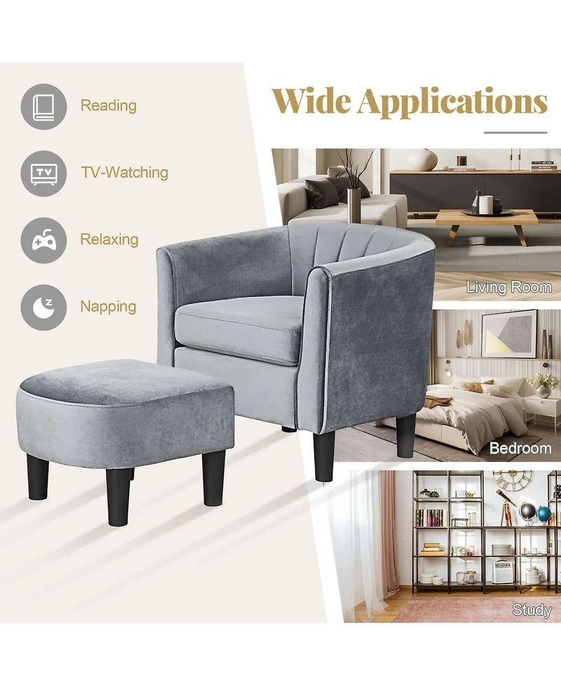 Sugift Upholstered Teddy Velvet Club Barrel Chair with Ottoman with Footrest