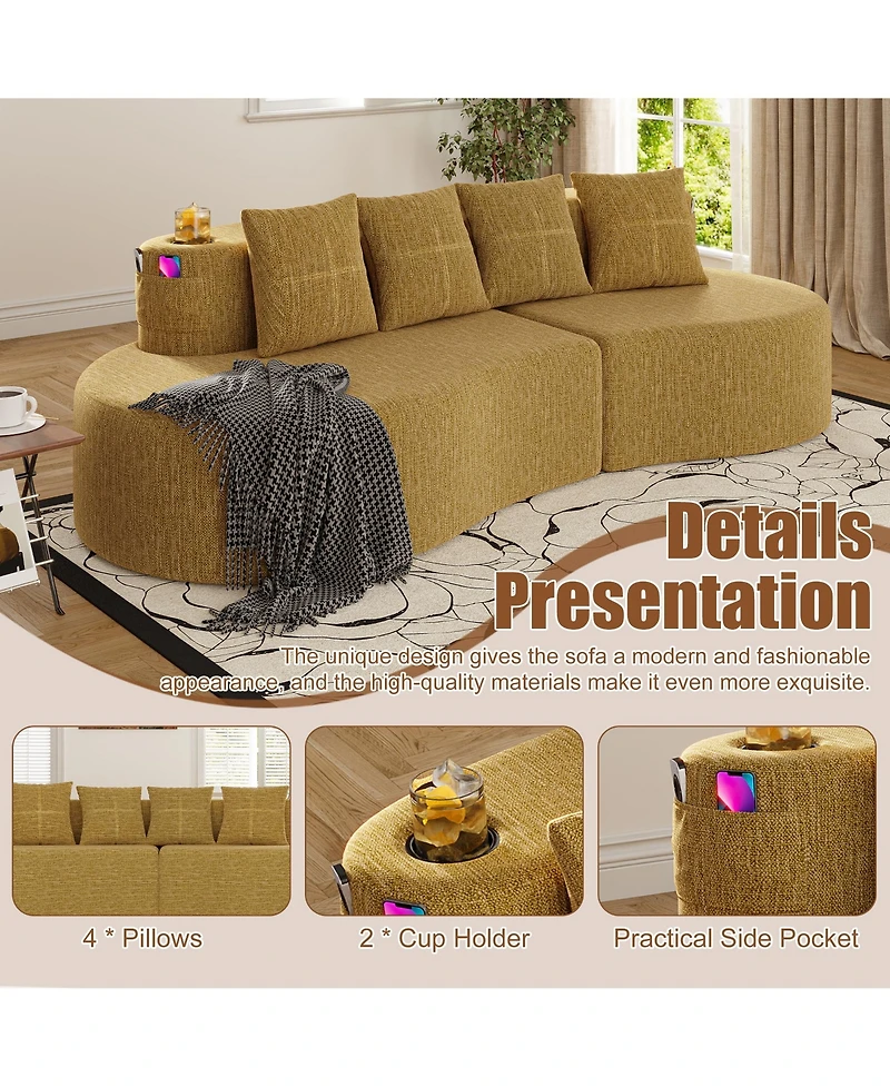 Rainsken Half Moon 3-Seater Sofa, Modern Modular Sectional Couch in Chenille Fabric, Featuring 2 Cup Holders and Side Storage Pockets for Home Use
