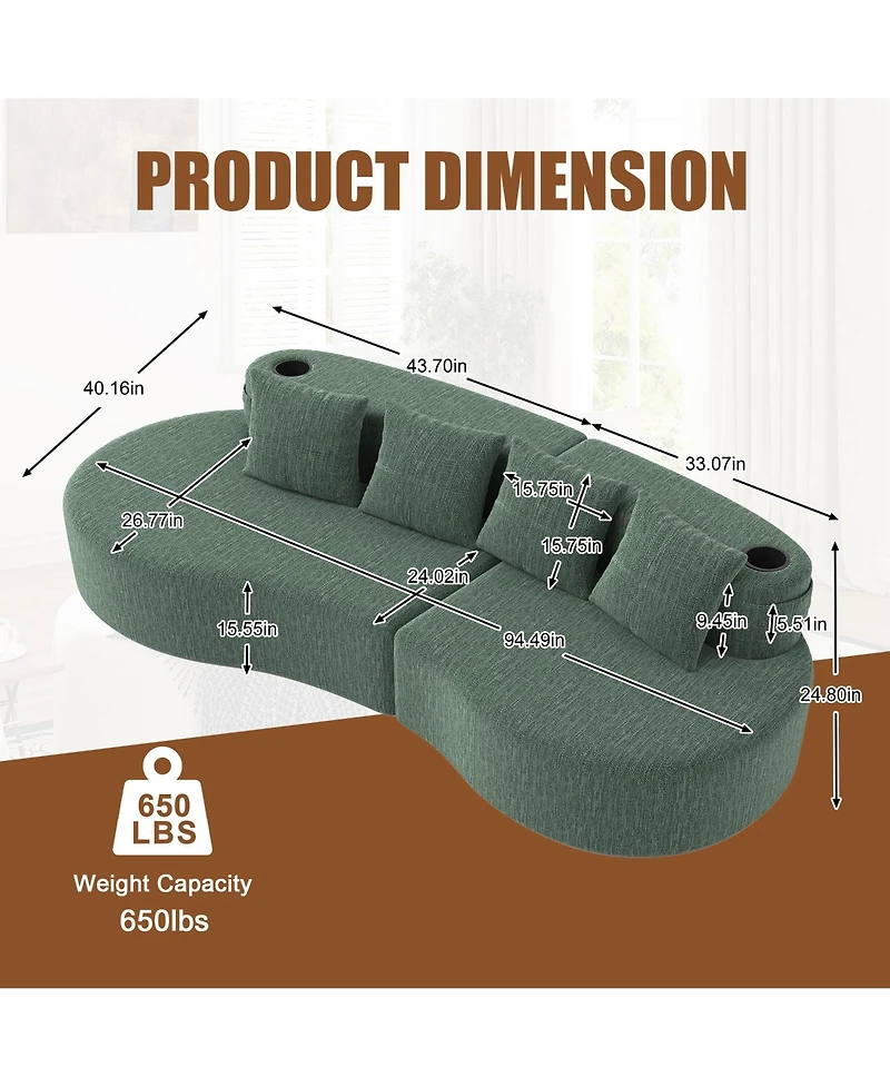 Rainsken Chenille Fabric Half Moon Sofa, 3-Seater Modern Curved Modular Sectional with Cup Holders and Side Pockets for Household Decor
