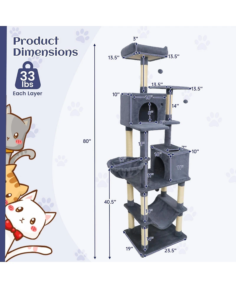 Cozito Cat Tree 80 in with 2 Large Condos and Dangling Toys