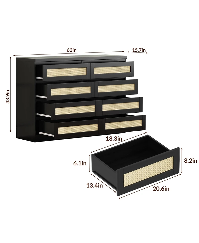 gaomon Bedroom 47.24 Inch 8 Drawer Rattan Dresser, Wooden Chest of Drawers with Farmhouse Storage