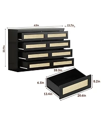 gaomon Bedroom 47.24 Inch 8 Drawer Rattan Dresser, Wooden Chest of Drawers with Farmhouse Storage