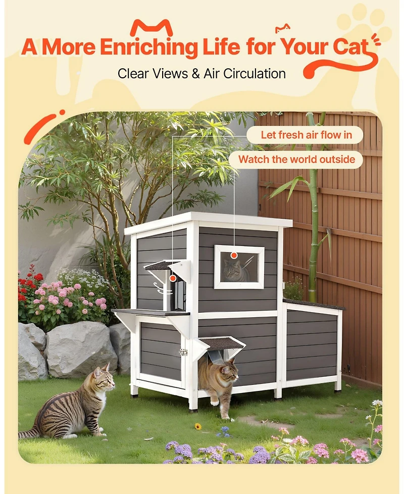 Cozito Cat House Outdoor 2-Story Wooden Shelter for 3 Cats