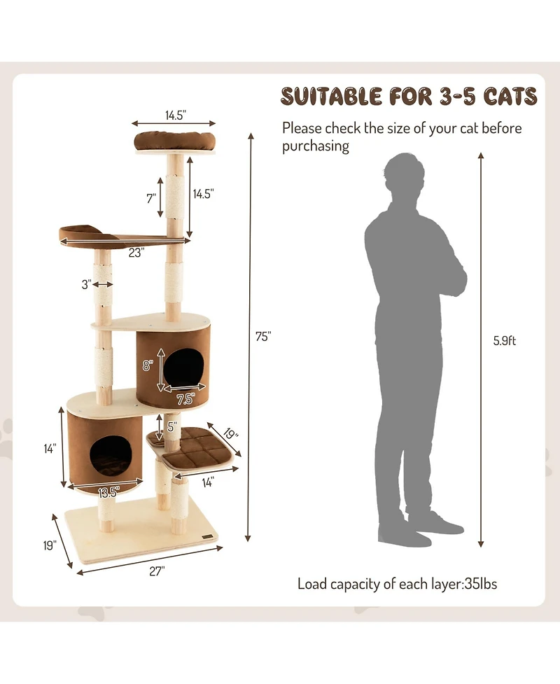 Cozito Cat Tree 6-Tier 75 in Wooden Tower with 2 Condos Perch