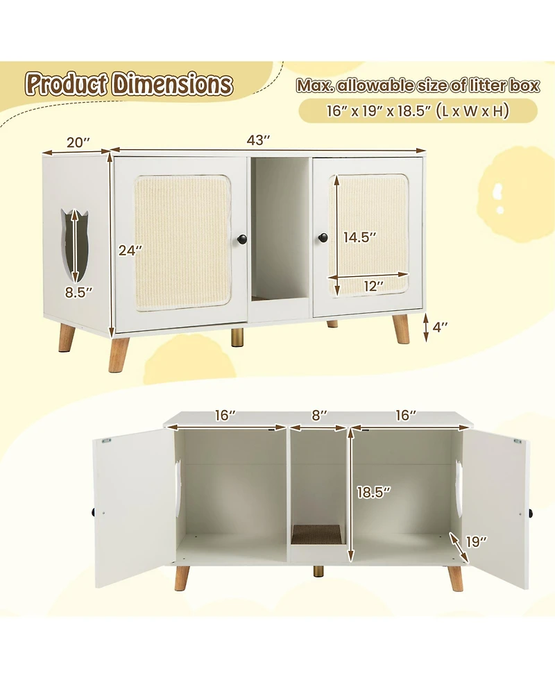 Cozito Cat Litter Box Enclosure 43 in Sisal Mats Rubber Legs