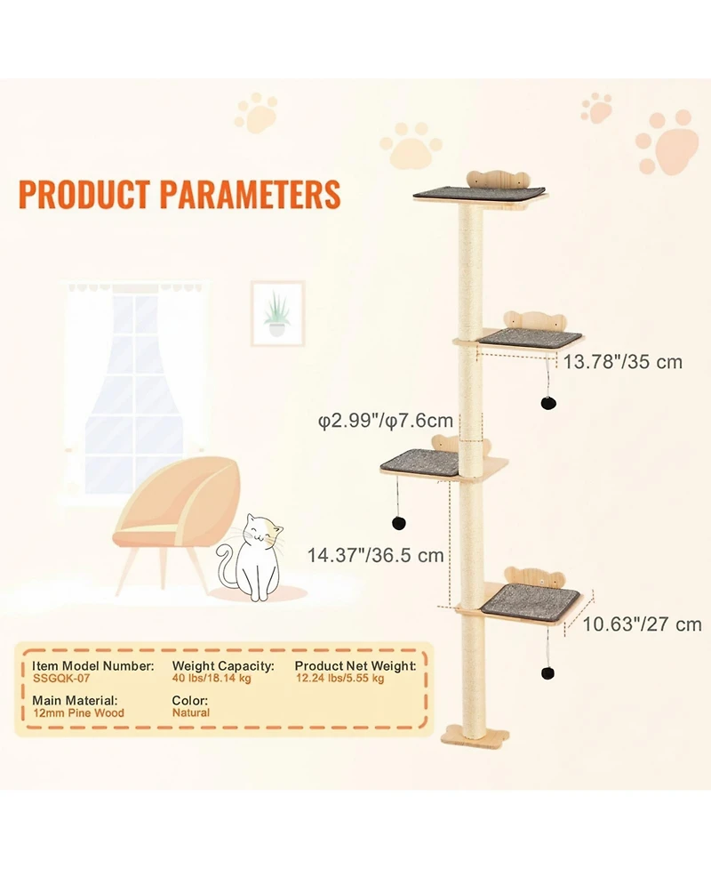 Gouun 4-Tier Wall Mounted Cat Shelves with Jumping Boards and Scratching Posts, Pine Wood Cat Climbing Furniture