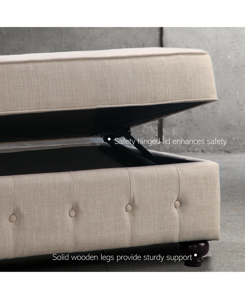 Boyel Living Classic Button-Tufted Linen Ottoman with Vintage Wooden Legs