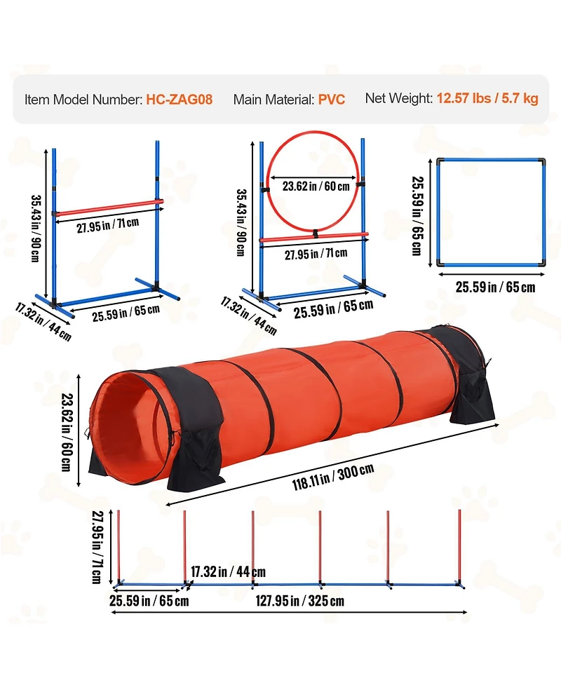 Cozito Dog Agility Training Set 5 Piece Tunnel Hurdles Weave Poles