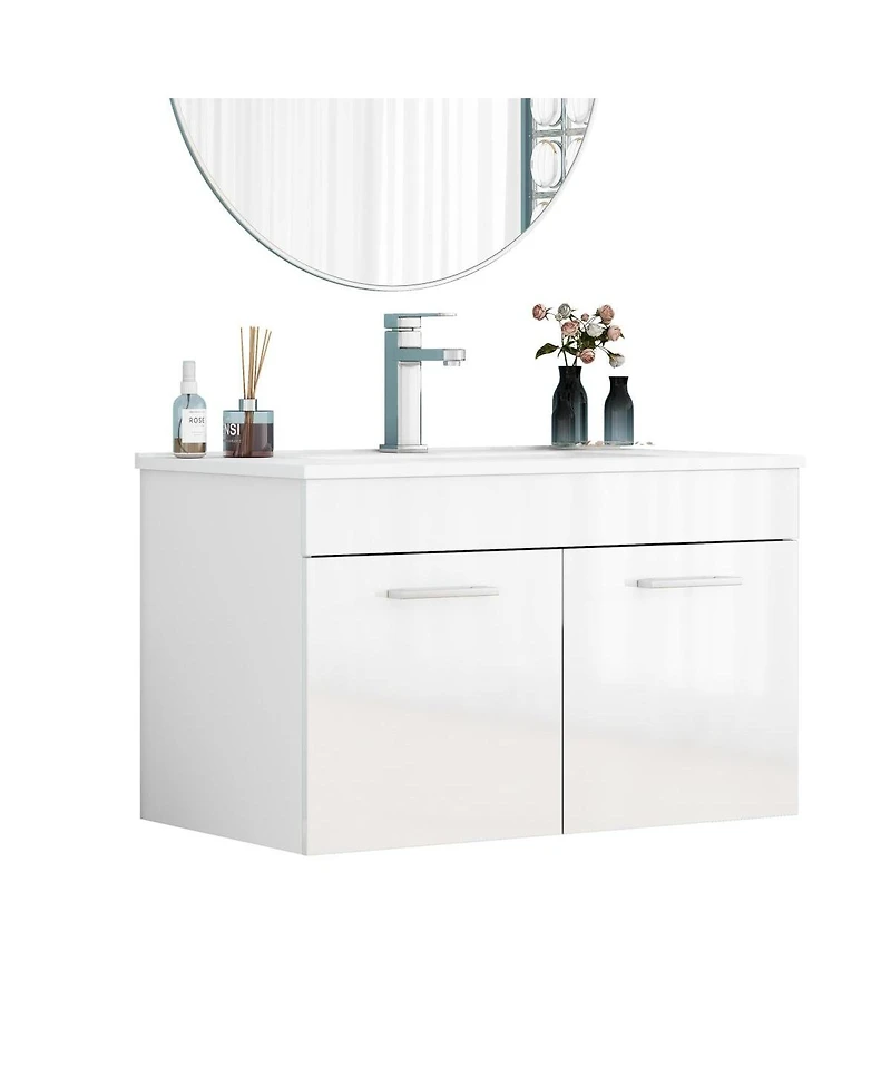 Sillysis Inch Wall Mounted Bathroom Vanity with Ceramic Sink, Soft Close Doors