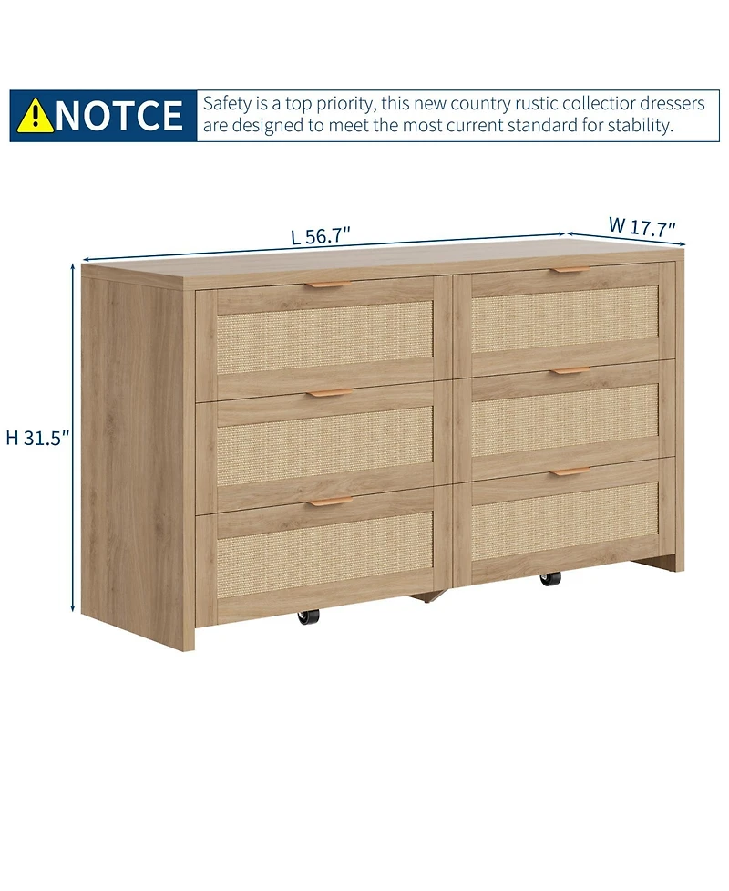 gaomon 56" 6 Drawer Dresser, Rattan Tv Stand with Casters, Boho Storage for Bedroom.