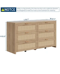 gaomon 56" 6 Drawer Dresser, Rattan Tv Stand with Casters, Boho Storage for Bedroom.