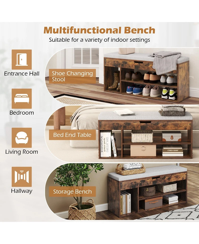 Gouun Padded Shoe Bench with Hidden Storage and 3 Open Shelves