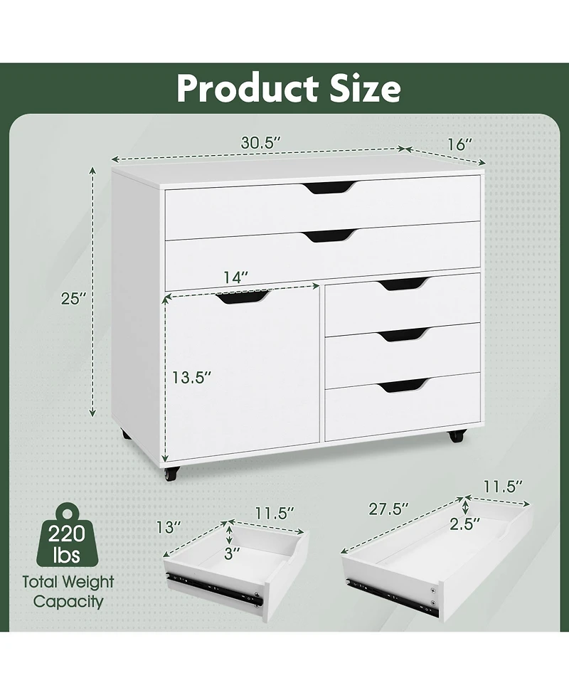 Sugift Modern Vertical 5-Drawer Mobile Chest with Door 5 Casters