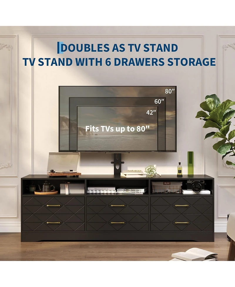 gaomon Home 32" to 80" Entertainment Center, Wood Media Console Dresser with 6 Drawers and Adjustable Bracket.