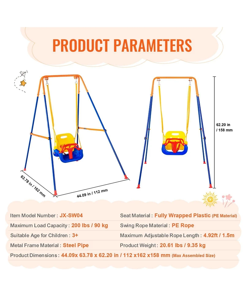 Gouun 3-in-1 Foldable Toddler Swing Set with Metal Frame and Sandbags for Ages 3