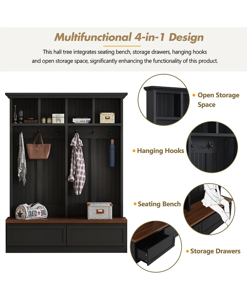 Rainsken Farmhouse Hall Tree, Versatile Coat Rack with Wood Grain Bench, 6 Hooks and 2 Storage Drawers, Entrance Organizer for Hallway, Living Room