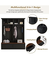 Rainsken Farmhouse Hall Tree, Versatile Coat Rack with Wood Grain Bench, 6 Hooks and 2 Storage Drawers, Entrance Organizer for Hallway, Living Room