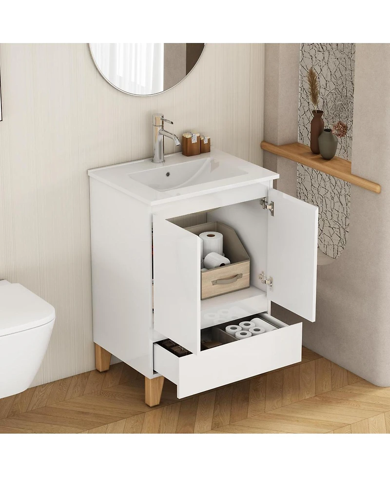 Sillysis Inch Bathroom Vanity with Sink, Glossy Storage Cabinet, Soft Close Drawer