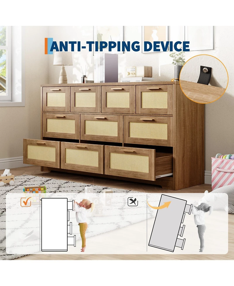 gaomon Modern Farmhouse 10 Drawer Rattan Dresser Storage Chest with Metal Handles.