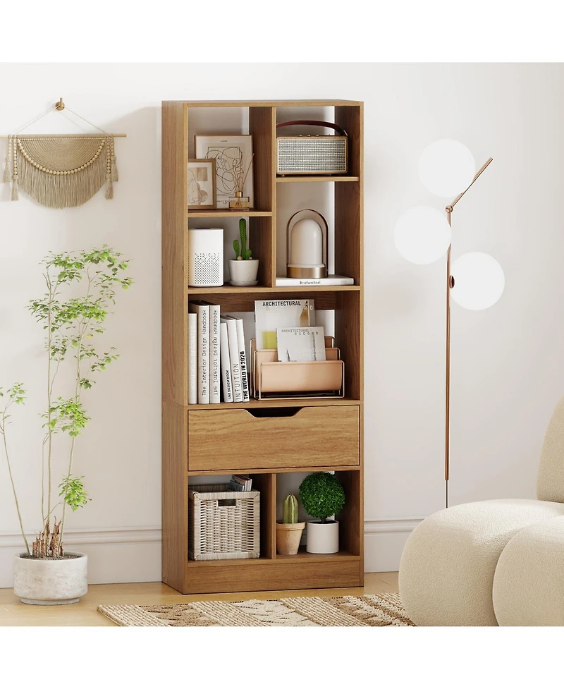 Sugift 51inch Tall Freestanding Bookcase with Drawer 7-Cube Storage Organizer