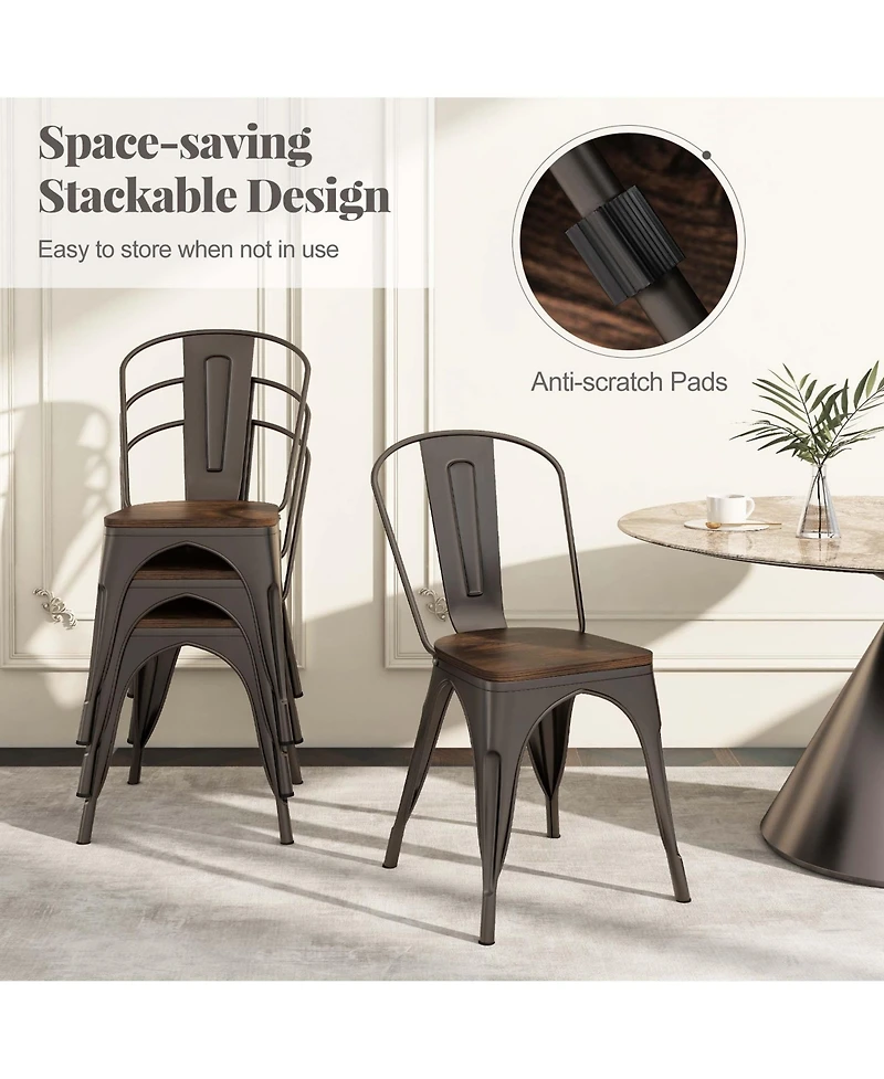 Gymax Tolix Style Metal Dining Chairs Set of 4 with Wood Seat and Removable Backrest