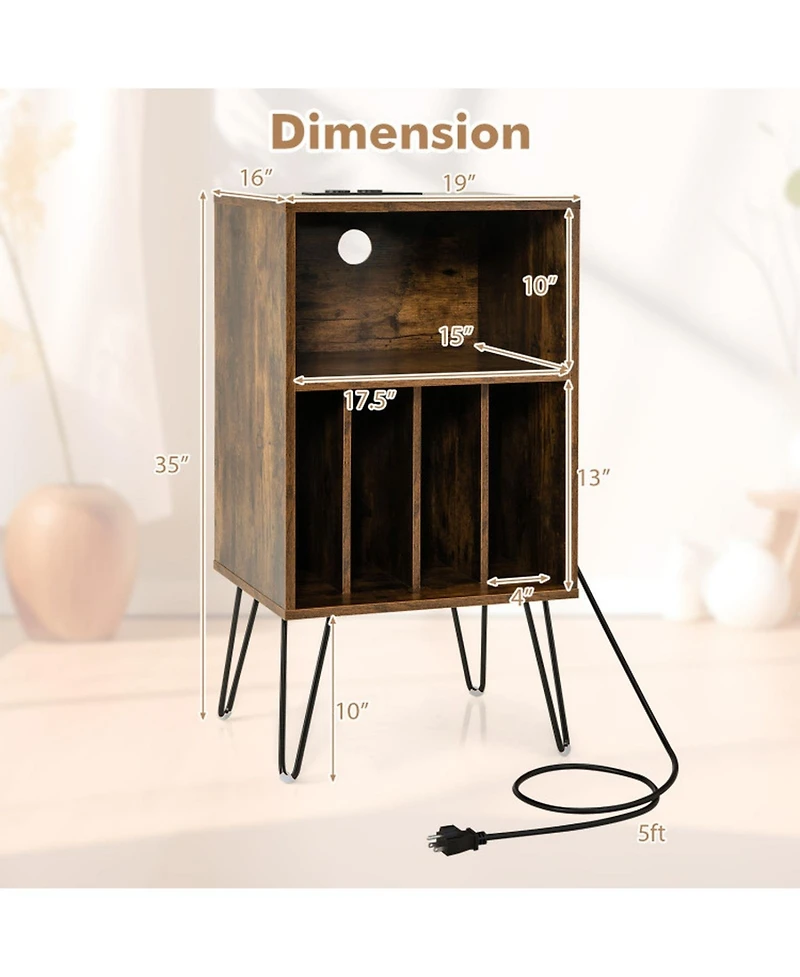 Gouun Record Player Stand Featuring Charging Station and 3-Tier Vinyl Storage
