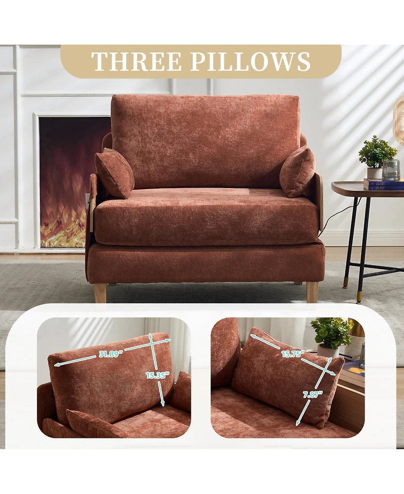 Rainsken Chenille Convertible Sleeper Sofa Bed with 3 Pillows and Side Pocket, Modern Lounge Recliner for Living Room