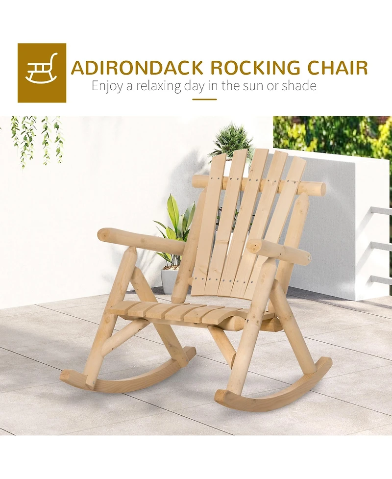 Outsunny Wooden Adirondack Porch Rocking Chair, Rustic Slatted Log Rocker for Indoor Outdoor Patio & Lawn, Natural