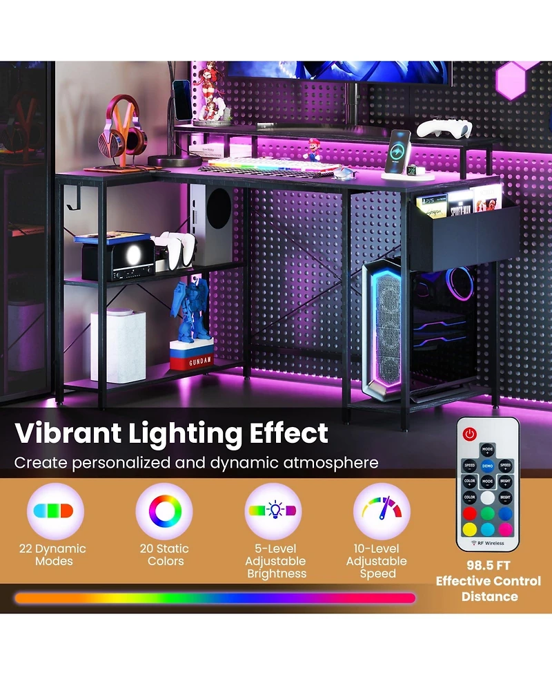 Mecale L-Shaped Gaming Desk with Led Lights and Built-In Power Outlets, Corner Workstation