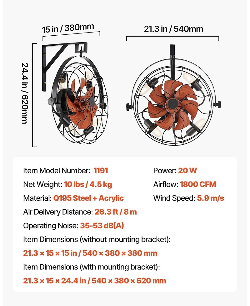 Mecale 21 Inch Wall Mount Fan with Light and Remote 6-Speed Adjustable