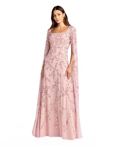 Mac Duggal Petite Embellished Cape Sleeve A-Line Mesh Maxi Gown