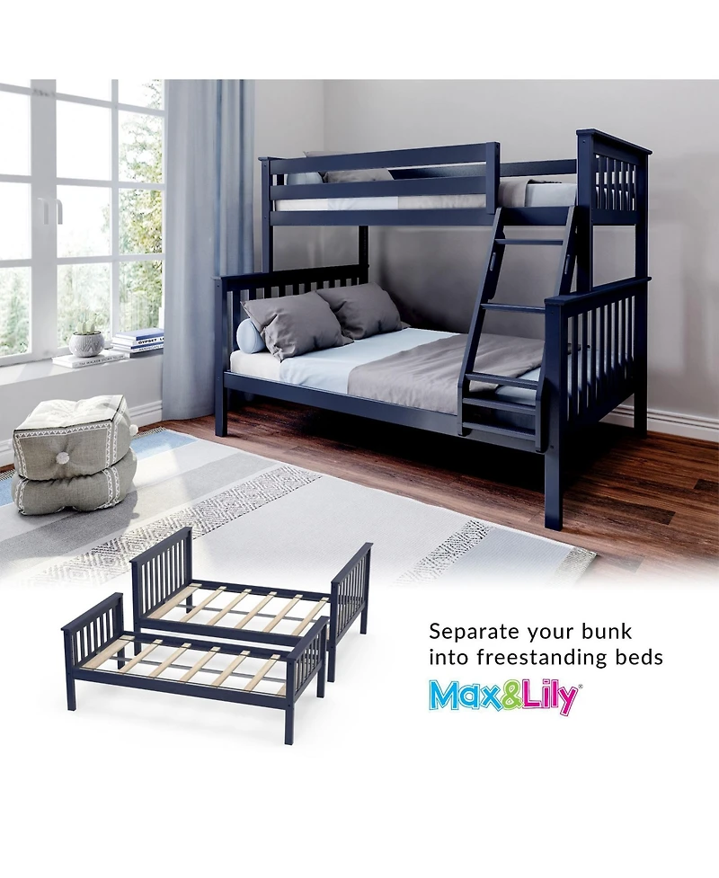 Max & Lily Bunk Bed Twin over Full Size, Solid Wood Beds with Ladder for Kids