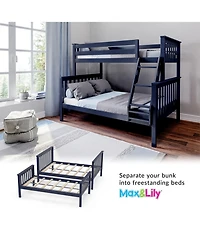 Max & Lily Bunk Bed Twin over Full Size, Solid Wood Beds with Ladder for Kids