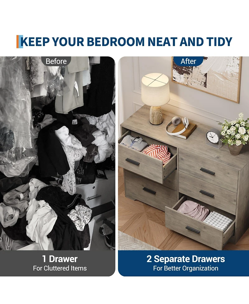 gaomon Bedroom 6 Drawer Double Dresser, Wood Look Chest of Drawers with Deep Storage, Anti-Tip Design, Metal Handles