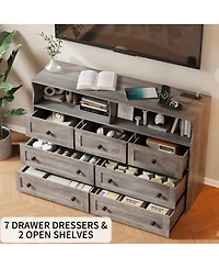 gaomon Bedroom 7-Drawer Wooden Dresser with 2 Open Cubbies, Modern Storage Chest.