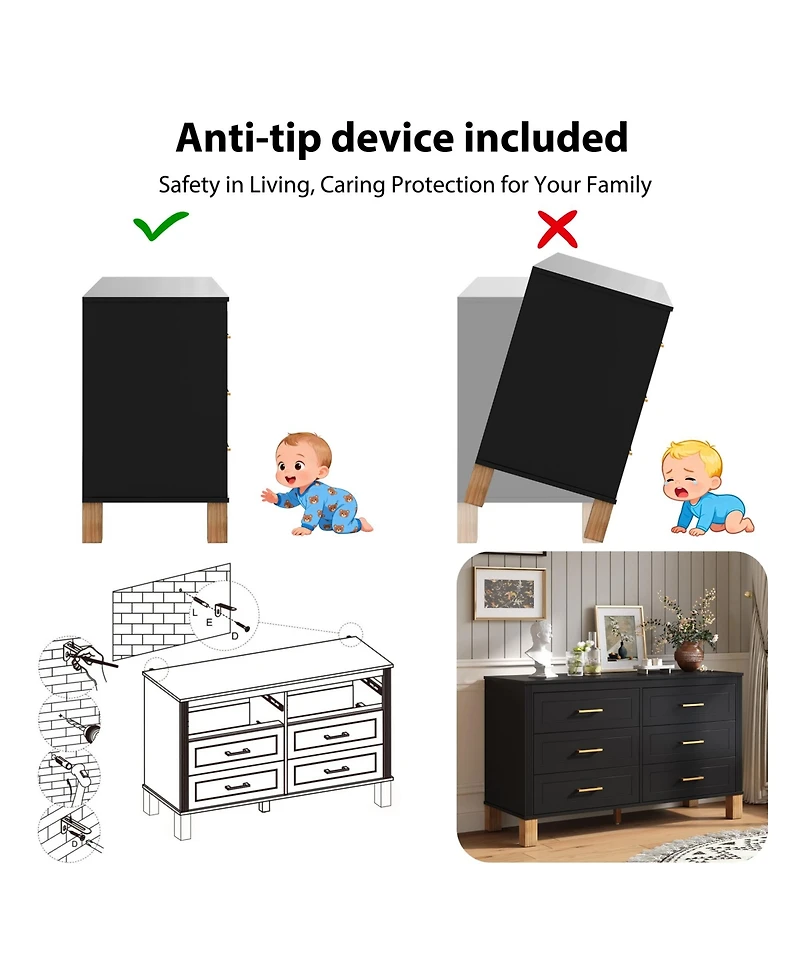 Rainsken 47.24'' Modern 6-Drawer Chest of Drawers, Bedroom Storage Dresser with Metal Handles and Solid Wood Legs for Living Room Organization